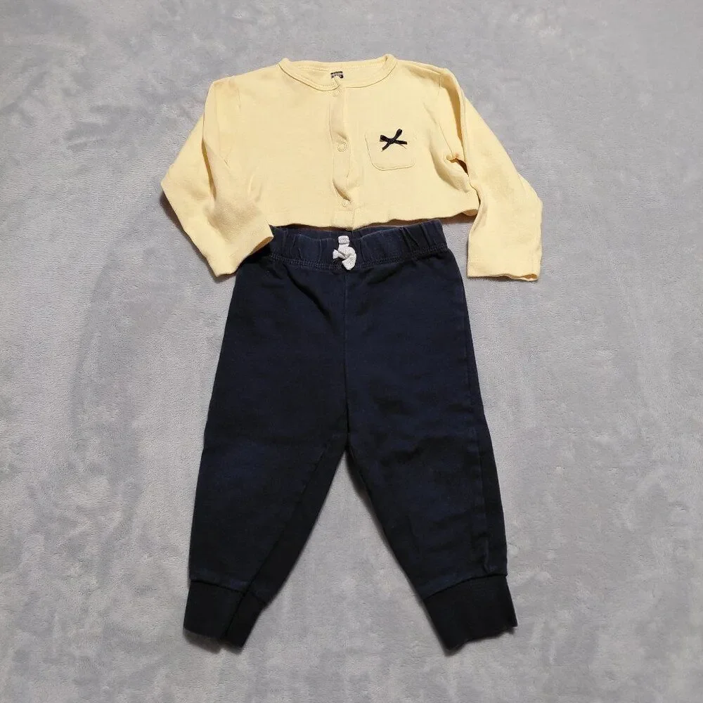 Two Piece 12M Carter's Navy Jogger plus Crop Snap-Up Cardigan Spring Yellow